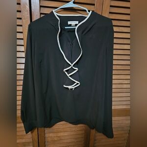 Calvin Klein Black Blouse White Ruffle Trim Gold Button Sleeves Size L